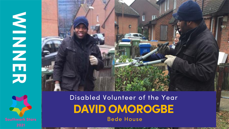 Image of David Omorogbe smiling for the camera also trimming a hedge with garden shears